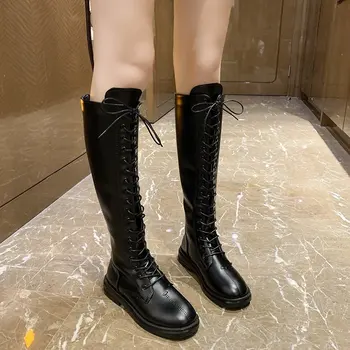 2020 kvalitné originálne kožené kolená vysoké topánky ženy kolo prst čipky Motocykel Topánky móda punku topánky žena