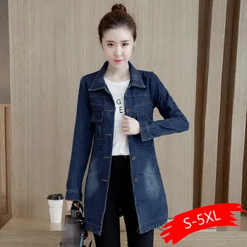 Jeseň Zima kórejský Denim Jacket Ženy Štíhle Dlhé základným náterom Žien Rozštiepené Námornícka Modrá Plus veľkosť Jeans Bundy Kabáty Pohode 5XL