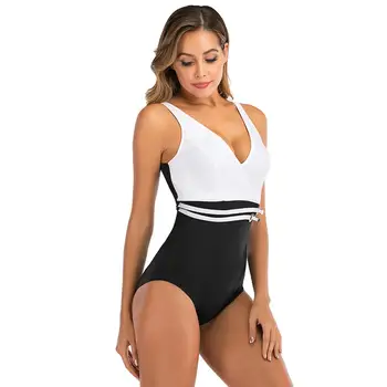 2020 Nový Štýl jednodielnych Plaviek White & Black Paletu Farieb Hlboké V-Neck Kombinézu Ženy Vysoký v strede zúžený Bikini Plus Veľkosť XXL