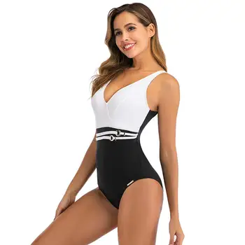 2020 Nový Štýl jednodielnych Plaviek White & Black Paletu Farieb Hlboké V-Neck Kombinézu Ženy Vysoký v strede zúžený Bikini Plus Veľkosť XXL