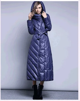 XS-7XL Plus veľkosť 90% kačica dole kabát módnej značky s kapucňou dlho nadol bunda žien nad kolená Slim hrubšie teplý kabát wj1304