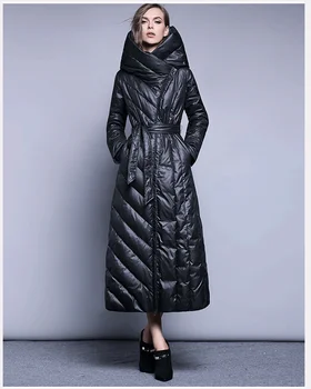 XS-7XL Plus veľkosť 90% kačica dole kabát módnej značky s kapucňou dlho nadol bunda žien nad kolená Slim hrubšie teplý kabát wj1304