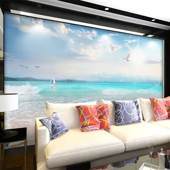 Vlastné Foto Tapety 3D Modrú Oblohu A Biele Cloud Seascape Beach nástenné Maľby Obývacia Izba Gauč TV Hotel Pozadí Nástenné Maľby 3 D