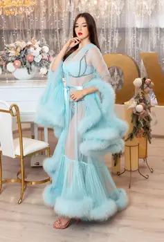 Modré dámske Kimono Tehotné Strany Sleepwear Sexy Umelú Kožušinu Lady Župan Úplnej Nightgown Šaty Prom Bridesmaid, Shawel 2020 Nové