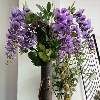NOVÉ Wisteria kvet viniča pobočka pre svadobné party dekor, hodváb umelé kvety s listami stene visí fialová flores