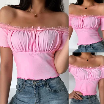 Sexy Ružová Čipka, Šitie Motýlik Rozstrapatené Úsek T-Shirt Dámy Letné Bez Ramienok Skladaný Krátky Top