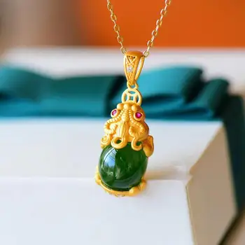 Nové SNew Striebrom Vykladané Hotan Jaspis Zelený Pixiu Náhrdelník s Príveskom, Šťastie, Bohatstvo Svetlo Luxusné dámske Šperky Značky