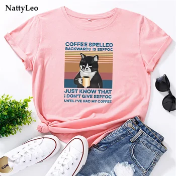 Móda Kávy Mačka Tlače T-Shirt Nadrozmerná Plus Veľkosť Tričko Bavlna dámske tričká O Krk Krátky Rukáv Tees Letné Topy