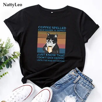 Móda Kávy Mačka Tlače T-Shirt Nadrozmerná Plus Veľkosť Tričko Bavlna dámske tričká O Krk Krátky Rukáv Tees Letné Topy