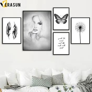 Náčrt Dievča Motýľ Púpava Pierko Wall Art Plátno Na Maľovanie Nordic Plagáty A Potlačou Obrazov Na Stenu Pre Obývacia Izba Dekor