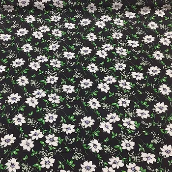 Čistý hodvábny Krep DE chine textílie, Biela kvetinová a zelené listy na black,SCDC766