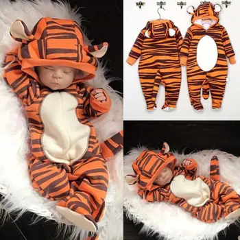 2019 Zimné Romper Dieťa Baby Chlapci, Dievčatá Tiger Kapucňou Romper Batoľa Dlhý Rukáv Playsuit Jumpsuit Oblečenie Oblečenie