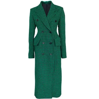 Ženy zimné móda Zelený Kockovaný vlnené Kabát Dvojité Breasted Houndstooth tenký Dlhý Kabát Móda