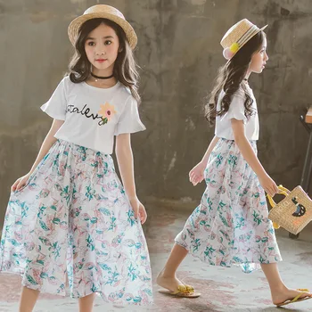 2019 Dievčatá Oblečenie Set sa Batoľa Dievča Letné Oblečenie Deti Deti Boutique Oblečenie Tričko + Kvetinový Voľné Nohavice 2 do 13 Rokov