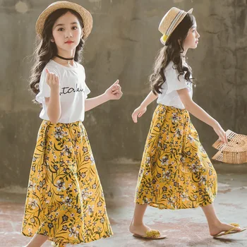 2019 Dievčatá Oblečenie Set sa Batoľa Dievča Letné Oblečenie Deti Deti Boutique Oblečenie Tričko + Kvetinový Voľné Nohavice 2 do 13 Rokov