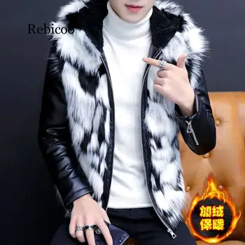 Muži imitácia kožušiny jeden osobnosti pekný kožený kapucňou mládež zimné zamatové s hrúbkou kožená bunda