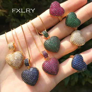 FXLRY Elegantný Tvar Srdca Spevnené Micro Multicolor Zirconia Krúžky Prívesok, Náhrdelníky, Módne Šperky Sady Pre Ženy Šperky