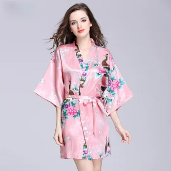 Ženy Hodváb Sexy Kimono Župan Koleno Dĺžke Bridesmaid, Satin Páva Vaňa Šaty Plus Veľkosť Nevesta Župane Svadobné Sleepwear
