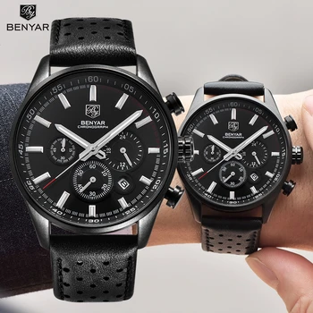 Pánske hodinky fashion top značky luxusné Náramkové hodinky BENYAR mužov nepremokavé kožené chronograf mužov šport hodiny Relogio Masculino