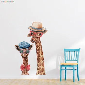 Kreatívne Zvierat Matku a Dieťa Žirafa s Okuliare samolepky na Stenu Domova Obývacia Izba Vianočné Ozdoby Moderné Plagát