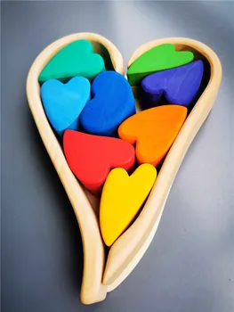 10pcs/set Deti Drevené Hračky Lipa/Buk Rainbow Srdce Vrstvenie Bloky s drevom zásobník Pastel Stavebné Bloky Skoro Learing