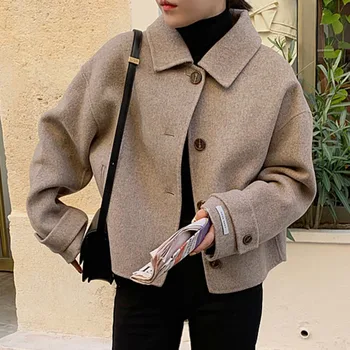 Móda Ženy Bunda Na Jeseň Zima Vintage Dámske Elegantné Pevné Kabát Outwear Singel Svojim Vlnené Kabáty Outwear Kórejský Bundy