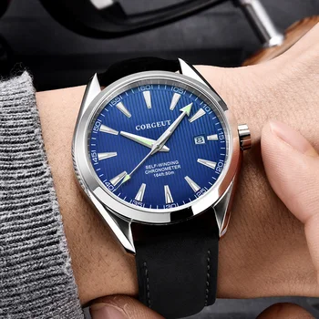 Luxusné značky Corgeut 41mm mužov, hodiny, kožené kalendár Miyota Automatické relogio masculino modrá Dial Zafírové Sklo muži hodinky