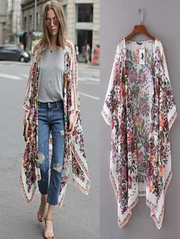 Ženy Kvetinový Tlač Šifón Voľné Šatkou Kimono Cardigan Horný Kryt do Košele, Blúzky, blusas mujer de moda 2020