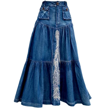 2020 jar vintage vyšívané denim sukne ženy vysoký pás a-line slim big swing členok dĺžka džínsy, sukne