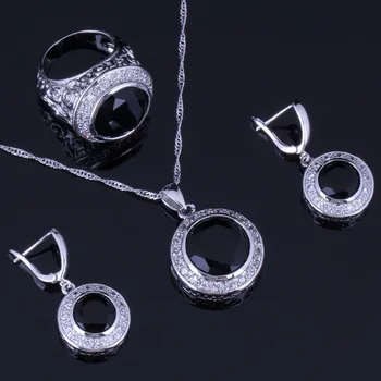 Udivujúce Kolo Black Cubic Zirconia Biela CZ Strieborné Pozlátené Šperky, Náušnice, Sety Prívesok Reťazca Krúžok V0990