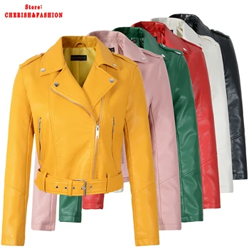 Nový Príchod značky Zimné Jeseň Zelená Motocykel kožené bundy žlté kožené sako ženy kožený kabát slim PU Kožené bundy