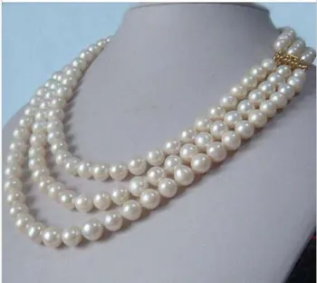 Tri-Oblasť prírodných 9-8 mm akoya white pearl náhrdelník 17