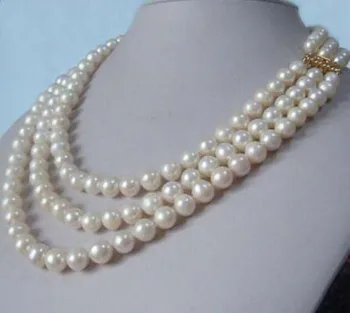 Tri-Oblasť prírodných 9-8 mm akoya white pearl náhrdelník 17