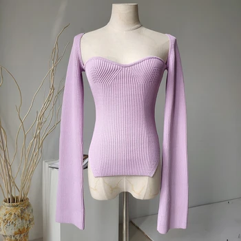DEAT preorder pletenie módne ženy oblečenie námestia golier svetlice rukávy knits pulóver tenké elastické hodí normálnej veľkosti sping top