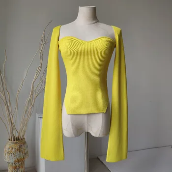 DEAT preorder pletenie módne ženy oblečenie námestia golier svetlice rukávy knits pulóver tenké elastické hodí normálnej veľkosti sping top