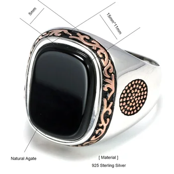 Skutočný Čistý Pánske Prstene Strieborné s925 Retro Vintage turecký Prstene Pre Mužov S Prírodným Black Onyx Kamene Turecko Šperky
