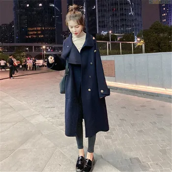 2020 Nový kórejský dámske Vlnené Kabát na Jeseň Zima Dlhý úzky Pás Módne Outwear Žena Vlnený Kabát, Bundu Plus Veľkosť A451