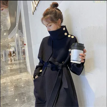 2020 Nový kórejský dámske Vlnené Kabát na Jeseň Zima Dlhý úzky Pás Módne Outwear Žena Vlnený Kabát, Bundu Plus Veľkosť A451