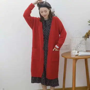 JXMYY Bunda mid-dĺžka nad kolená tvaru farbou pletené dámy cardigan 2020 na jar a na jeseň nový kórejský verzia široký