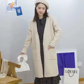 JXMYY Bunda mid-dĺžka nad kolená tvaru farbou pletené dámy cardigan 2020 na jar a na jeseň nový kórejský verzia široký