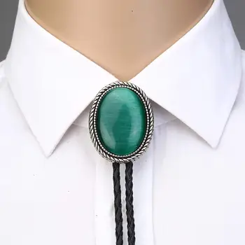 Naturel kameň Zelená mačka oko bolo kravatu pre človeka Indickej kovboj západnej cowgirl kožené lano zliatiny zinku kravata