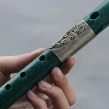 ČÍNA Prírodné Jade Brnenie Tibete Striebro Ručne Vyrezávané Dragon & Phoneix Vzor Flauta