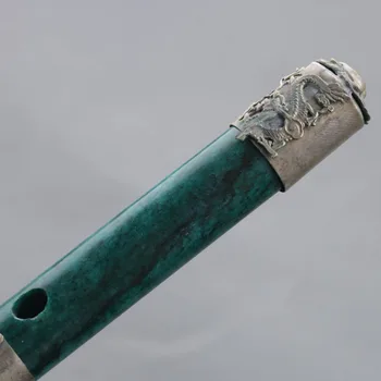 ČÍNA Prírodné Jade Brnenie Tibete Striebro Ručne Vyrezávané Dragon & Phoneix Vzor Flauta
