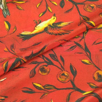 Strom a bird tlač hodvábny Krep DE chine textílie na červenej spodnej 140 cm šírka,SCDC983