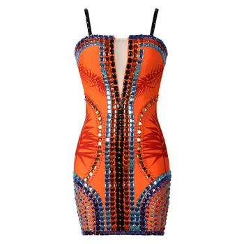 Kylie Jenner Móda Obväz Šaty 2020 Nové Orange Bodycon Elegantné Lištovanie Diamond Obväz Šaty Večerné Party Šaty Vestidos