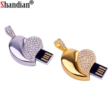SHANDIAN metal crystal láska Srdce USB Flash Disk drahý kameň pero jednotky špeciálny darček kl ' úč 4 GB 16 GB 64 GB pamäť diamante