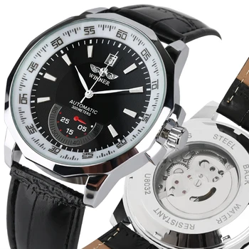Pánske Hodinky Módne Dual Dial Automatické Mechanické Náramkové hodinky S Kalendárom Odolný Čierny Kožený Remienok