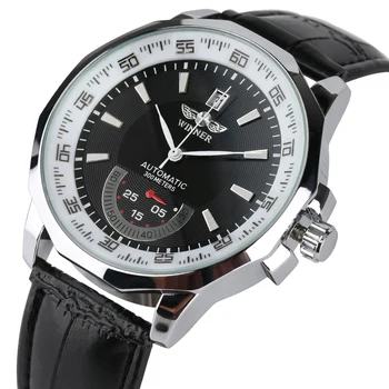 Pánske Hodinky Módne Dual Dial Automatické Mechanické Náramkové hodinky S Kalendárom Odolný Čierny Kožený Remienok