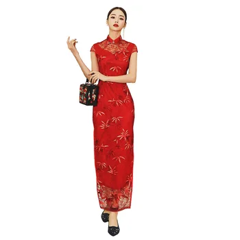 Červenej Krajky Žena Tesný Dlho Qipao Elegantné Klasické Kvetinový Cheongsam Čínske Šaty Mandarin Golier Vestidos Nadrozmerná S-3XL