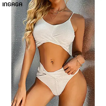 INGAGA Lesklé Bikiny Vysoký Pás dámske Plavky s Push Up Plavky Vystrihnúť Biquini plavky 2021 Nové Biele Bikini Set